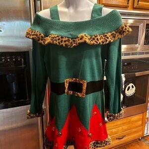 Santa’s  Wife/or Elf Sweater Dress .. Stunning and stylish with leopard trim XXL